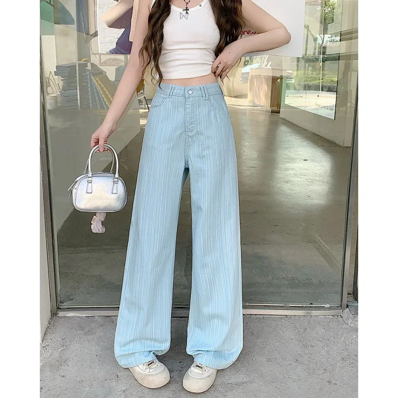 Plus Size Spring 2025 plus Size Womens Wide Leg Floor Length Jeans High Waist Slimming Skinny Denim Pants Texture Sensation 250609