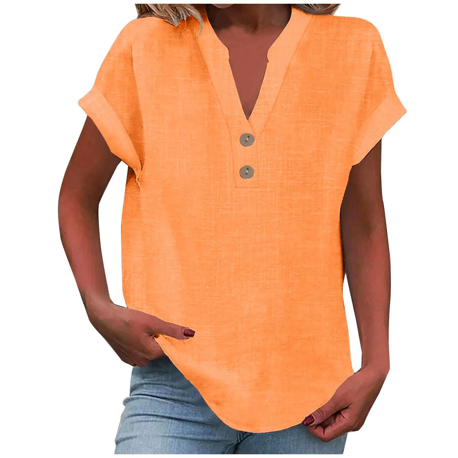 2025 Summer Cotton Linen Breathable Solid Color Button Down V-neck Shirt Basic And Versatile Casual Comfortable Lady Office Tops 250614