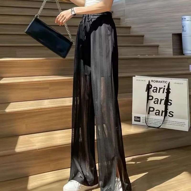 Stripe Trousers for Women Straight Leg Transparent Wide with Slits White Womens Pants Mesh Korean Fashion One Size 90s Clothing