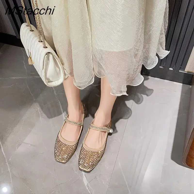 Mesh Crystal Pearl Flat Shoes Woman Square Toe Office Lady Shoes Big Size Mary Janes Shoes 2025 New Spring Single Shoes Z250617