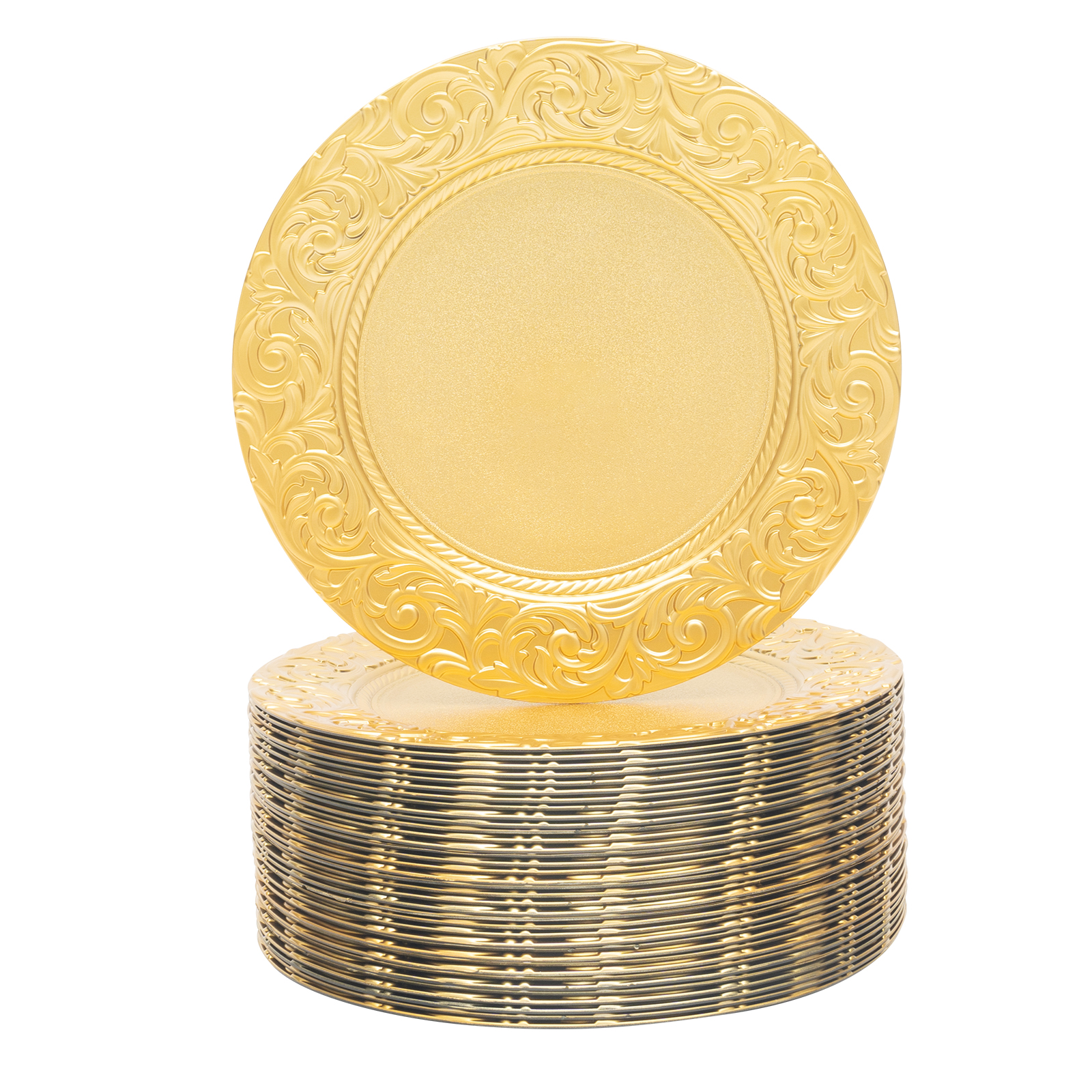 100 Pcs Antique Charger Plates Bulk 13 Inch Round Plastic Dinner Plate Embossed Rim Server Plate Decorative Chargers Floral Plates for Dinner Parties 