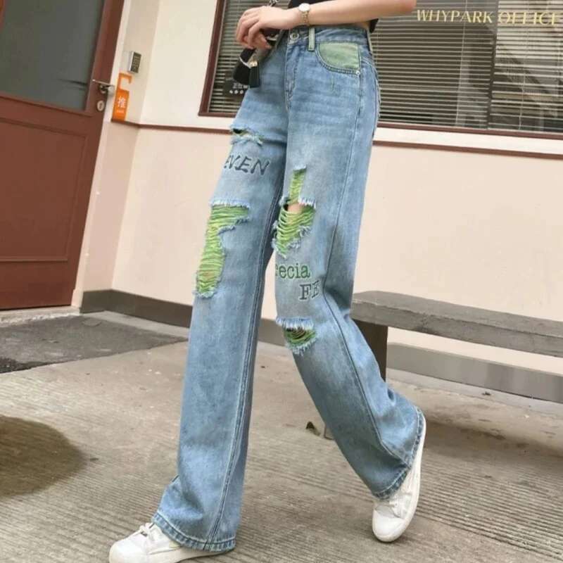 Cowboy Pants for Woman 2025 Fashion Letter Womens Ripped Jeans A Harajuku New In Korean Style Shiny R Trend With Holes Trousers