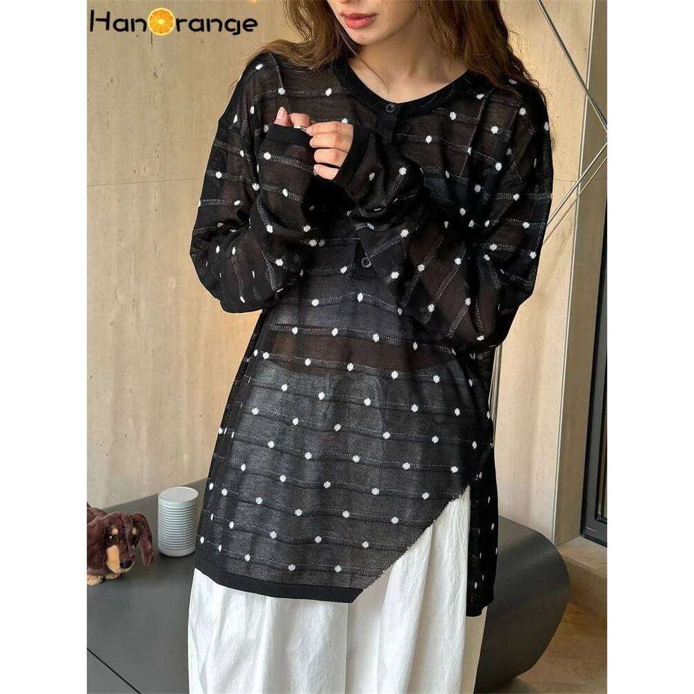HanOrange 2024 Summer Retro Lazy Polka Dot Knitted Sweater Women Lightweight Breathable Loose Knitting Top Apricot/Black