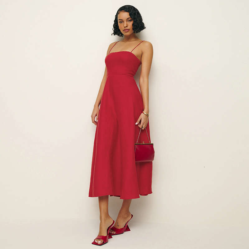 Undefined Dress Designer Womandress 796 Summer New 2025 Solid Color Square Neck Slim Fit Strap Midi Dress Linen Vacation Style Women