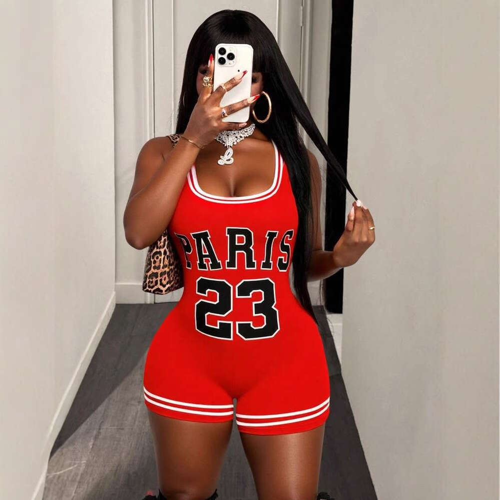 Summer New Women's Sexy Hot Girl Slim Fit Printed Strap U-Neck Bodycon Shorts Jumpsuit B5
