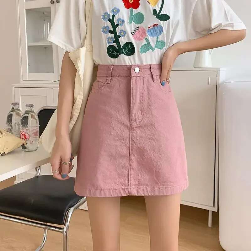 Short Cute Pink Female Jeans Skirts High Waist Womens Denim Skirt Gyaru With Pocket Kawaii Zipper Mini Offer Premium V On