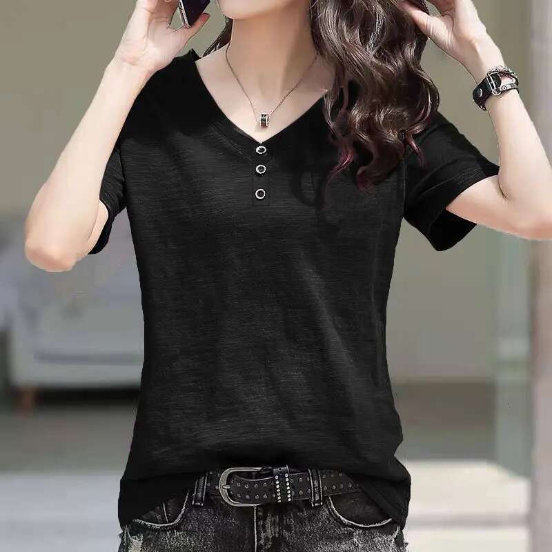 V Neck Top for Women Plain T Shirts Female Short Sleeve Pulovers Yellow Cotton Linen Tees Luxury New In Tall Sexy Slim O Clothes