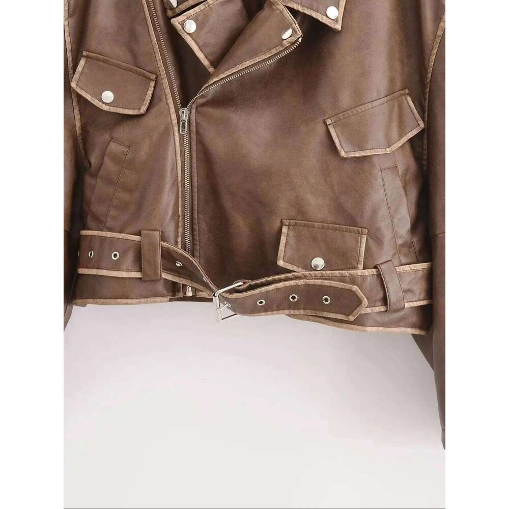 2025 New Women's Retro Vintage Brown Faux Leather Jackets Belt Female Motor Biker Pockets Plus Size Loose Streetwear Coats Tops