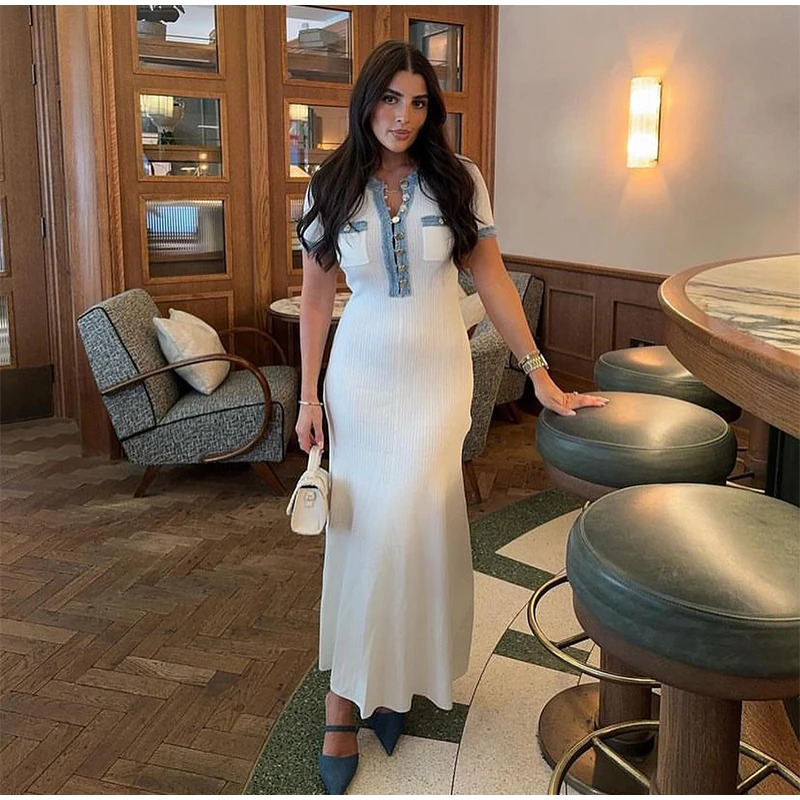Elegant Denim Patchwork Knitted Long Dress Women Fashion V Neck Short Sleeved Buttons Bodycon Dresses Female White Pockets Robes 250616