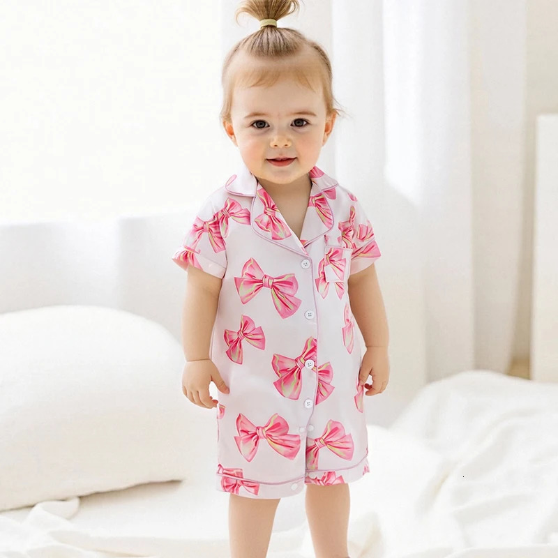 Baby Girl Bow Satin Pajama Short Sleeve Button-up Shorts Jumpsuit Cute Toddler Sleepwear 250617