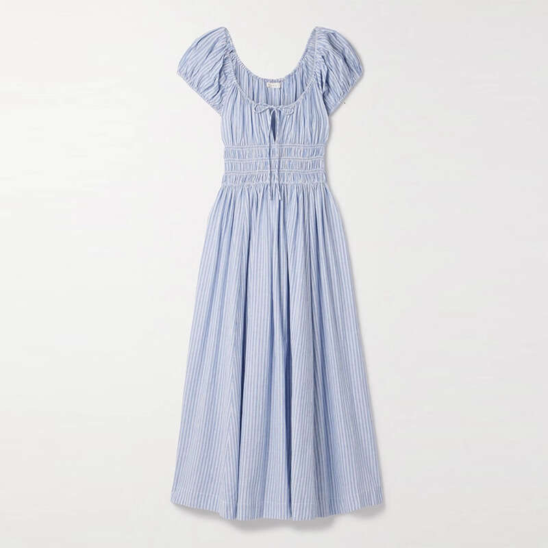 Vestidos Elegantes Beach Dress Skirt 710 New 2025 Blue Striped Square Neck Pure Cotton Vacation Waist-cinching Mid-length Dress French Style Women