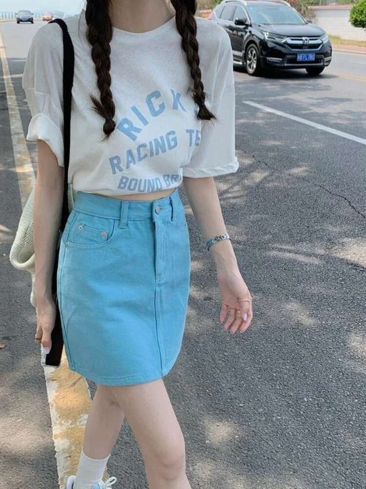 With Pocket Short Jeans Skirts for Women High Quality Korean Style Aesthetic A Line Luxury Elegant Premium Woman Denim Skirt