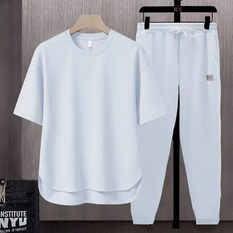 A Set With Loose Suit Solid Color Mens T Shirt Summer Day Trend Ins Round Hem Shortsleeved Trousers Two Piece Breathable 250614