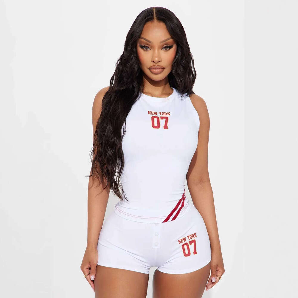 Summer Crop Short Letter Number Print Tank Top High Waist Ultra Shorts Set B5