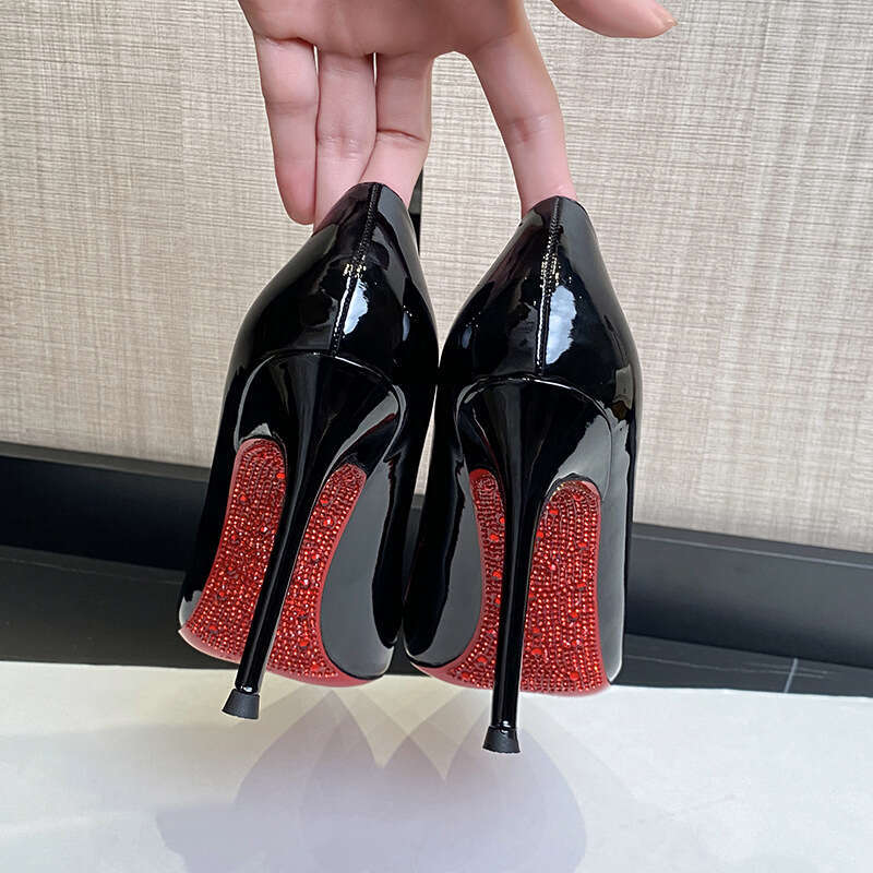 Rhinestone Red Sole High Heels Women Thin Heel Spring Autumn 2024 New Stunning Sexy Wedding Black Patent Leather Pointed Toe Single Shoes