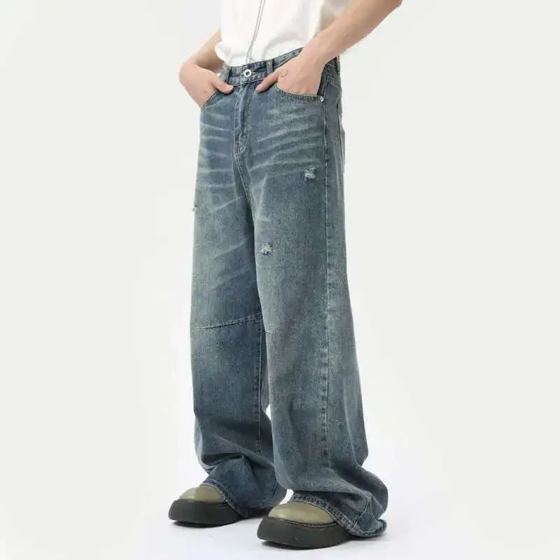 IEFB American Style Mens Denim Pants Washing Fashion Loose Mens Straight Trousers Casual Wide Leg Jeans Summer 9C6303 250616