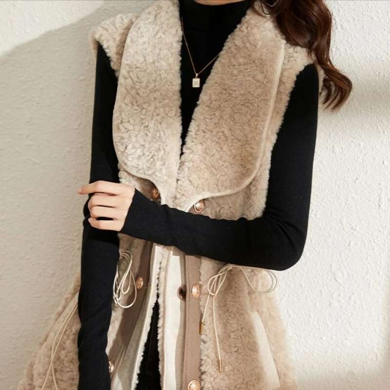 Drawstring Womens Lamb Plush Vests Loose New Outerwear Demi-season Elegant Autumn Lady Giletes Classic Sleeveless Warm Pretty