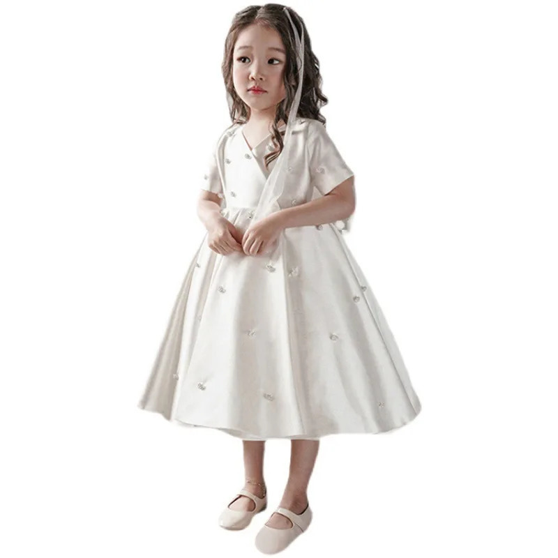 Baby Kids Princess Satin Bow Crystals Flower Girl Dress Children First Communion Dress Ball Gown Wedding Party Dress Birthday 250617