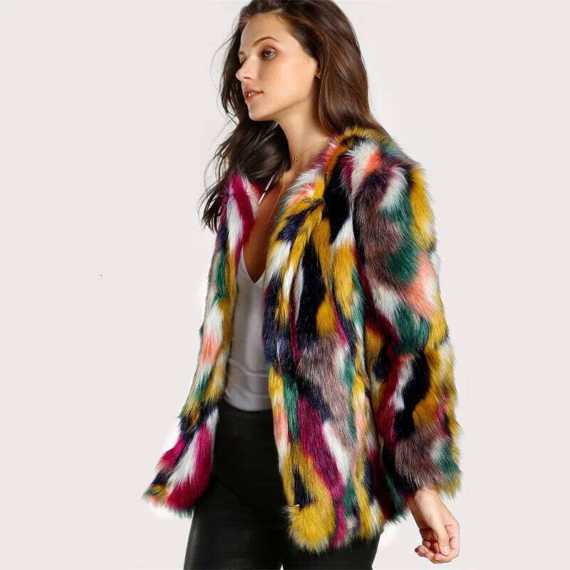 Fashion Contrast Multi Color Faux Fur Long Hairy Shaggy Outwear Autumn Winter Short Jacket Coat Tops Women Clothes