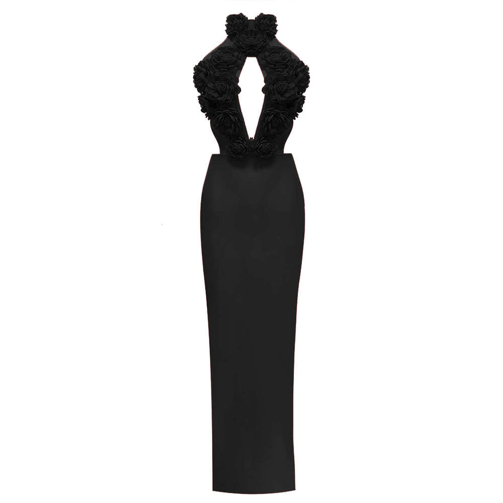 New Summer Fashion Elegant Slimming Backless Red Floral Long Bandage Dress