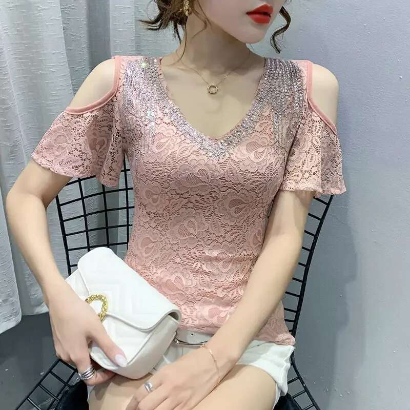 Lace Female Top V Neck Womens T-shirt Kpop Korean Clothing Reviews Clothes Popular Cheap Y2k Fashion 2025 Streetwear Pulovers