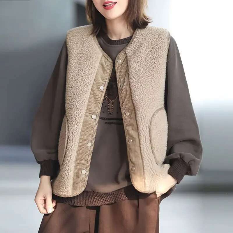 Warm Lady Lamb Plush Giletes Splicing Cold Demi-season Youthful Trend 2025 Womens Vests Autumn Lightweight Padded Sleeveless