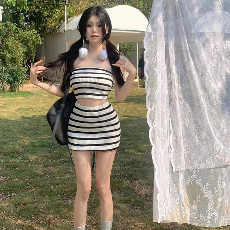 Womens Stripe Top Skirt 2 Piece Outfit Striped Crop Tube Top and High Waisted Short Skirt Set 250616