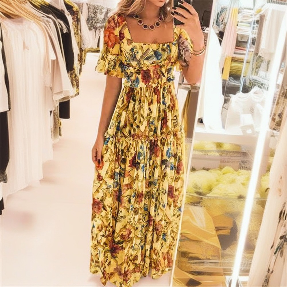 V616European and American high waist dress with square neck and printed lotus sleeves, Bohemian style, slim waist and flower fairy dress