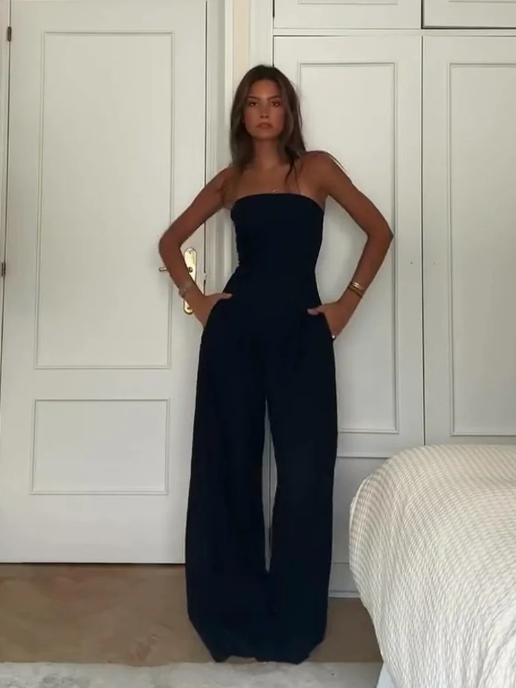 Sexy Backless Womens Jumpsuits Solid Off Shoulder Waist Cinching Pockets Wide Leg Pants Lady Bodysuit Summer Female Outwears 250616