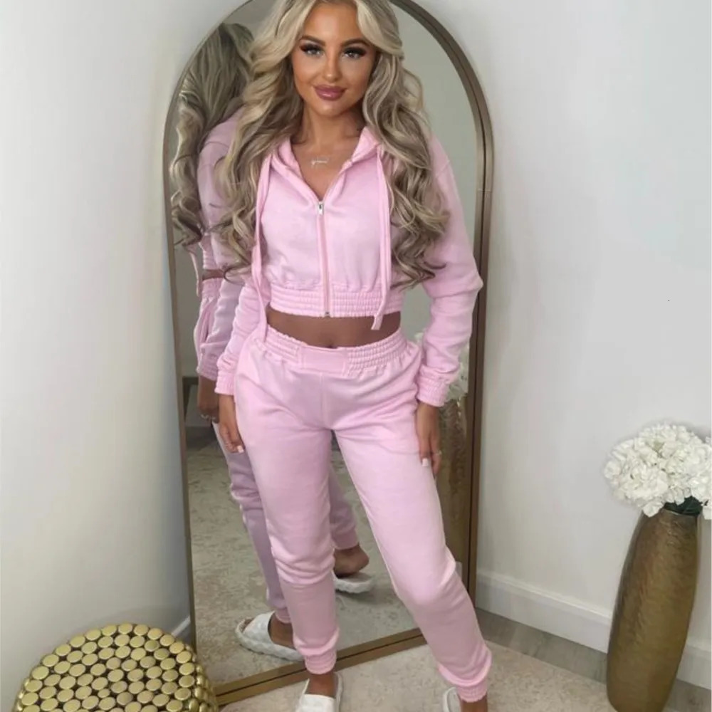 Fleece Hooded Sweatshirt Short Hooded Womens Suit Autumn Winter Casual Zipper Hoodie Sports Jogging Pants Female 2piece Set 250614