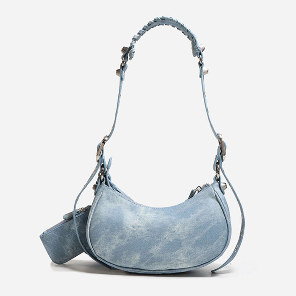 Genuine Leather Denim Blue Spicy Girl Motorcycle High Quality Underarm Crossbody Bag for Women with Tassels and Rivets