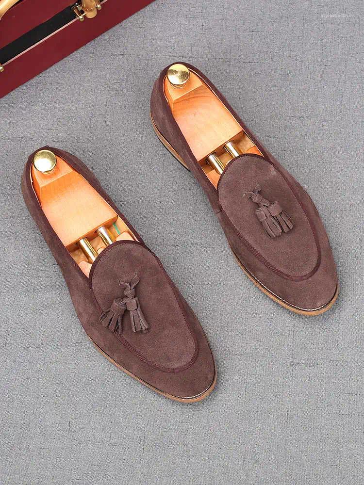 Dress Shoes Men's Suede Leather Tassels Loafers Pointed Black Brown Business Flats Designer Homecoming Wedding Footwear