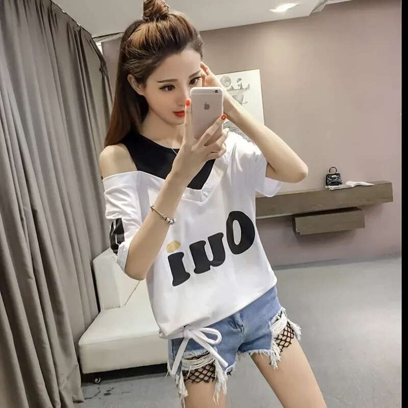 Tops Woman Short Sleeve Graphic Summer T Shirt for Women Outfit Yellow Off Shoulder Sale Fashion Womens Clothing 2025 Goth Kpop