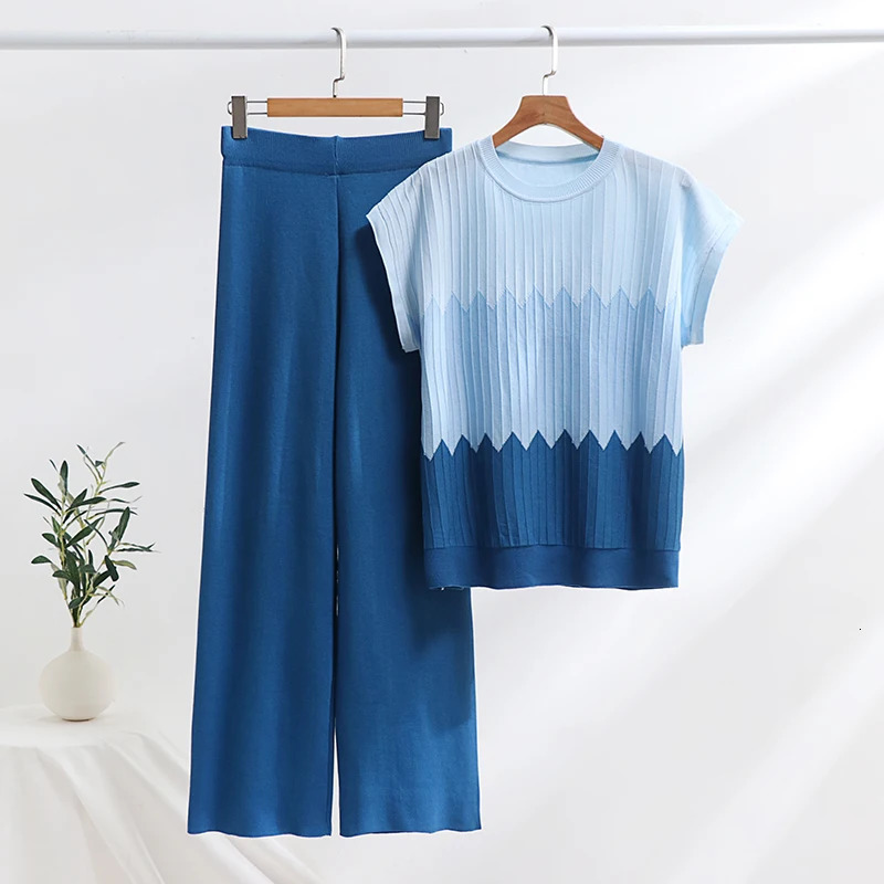 Casual Gradient Summer Knit Pants Sets Women Loungewear 2 Piece Pajama Women Set Knitted Tank Top Two Piece Set For Women 2025 250616