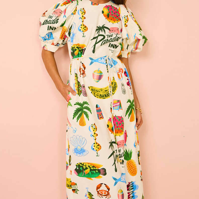 Winter Elegant Women's Print Puff Sleeve Slit Waist Tie Casual Dress B5