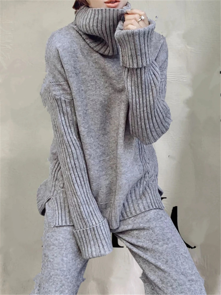 Autumn Winter 2 Pieces Women Sets Knitted Tracksuit Turtleneck Sweater and Wide Leg Jogging Pant Pullover Suits 250616
