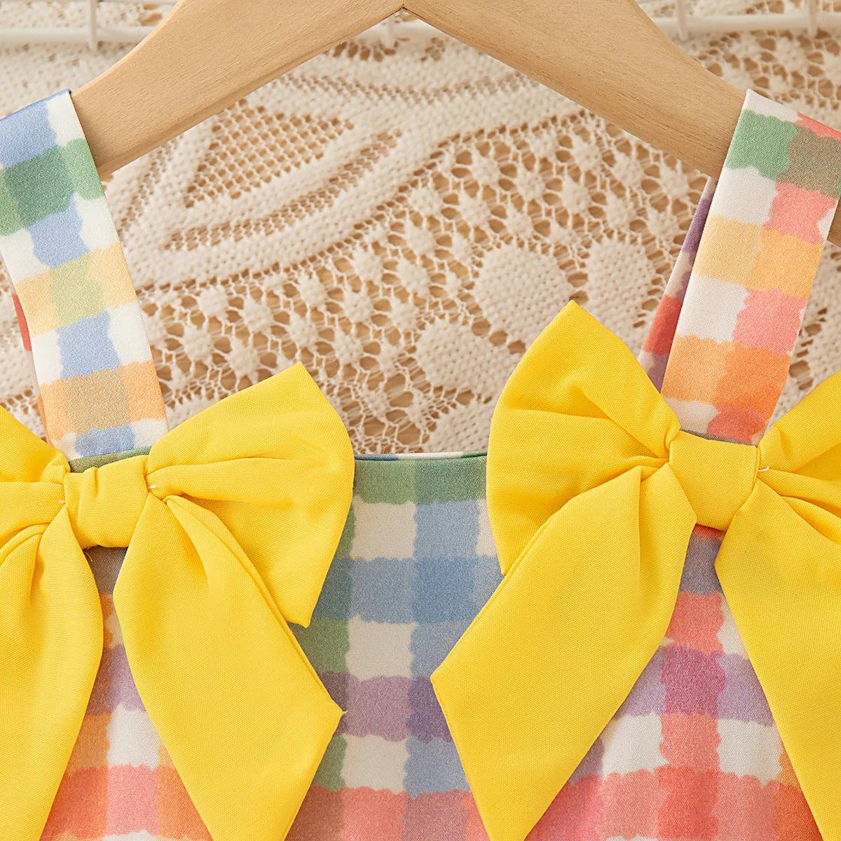 Yellow Bow Sling Baby Girl Dress Summer Colorful Checkered ChildrenS Clothing 6 Months -3 Years Old 250617