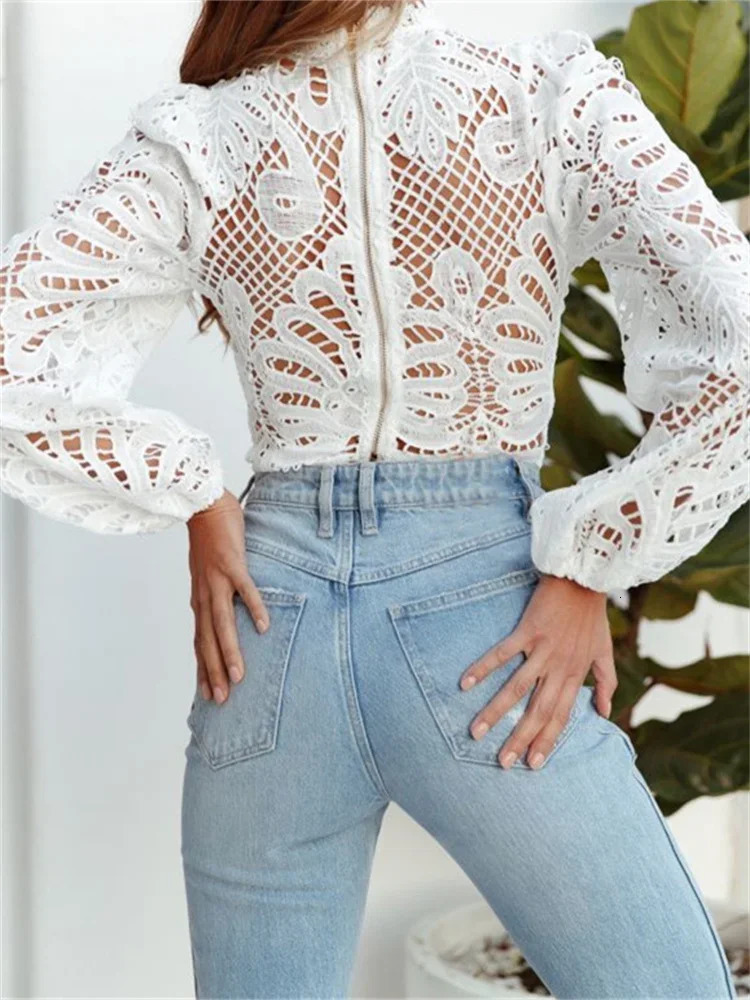 Women Elegant Lace Blouse Shirts Summer Autumn Puff Long Sleeve Slim Fit Crop Tops Vintage Casual Tops and Blouses Female 250614