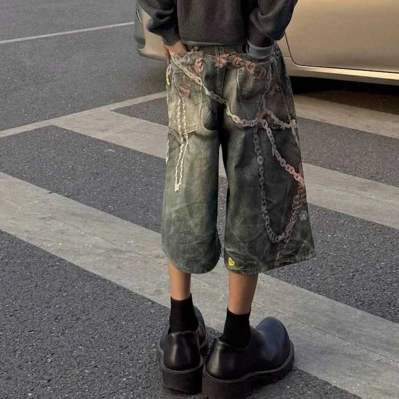 3D Candy Chain Print Baggy Jeans Shorts for Men Streetwear Summer Wide Leg Patchwork Casual Loose Knee Length Pants Oversized Z250617