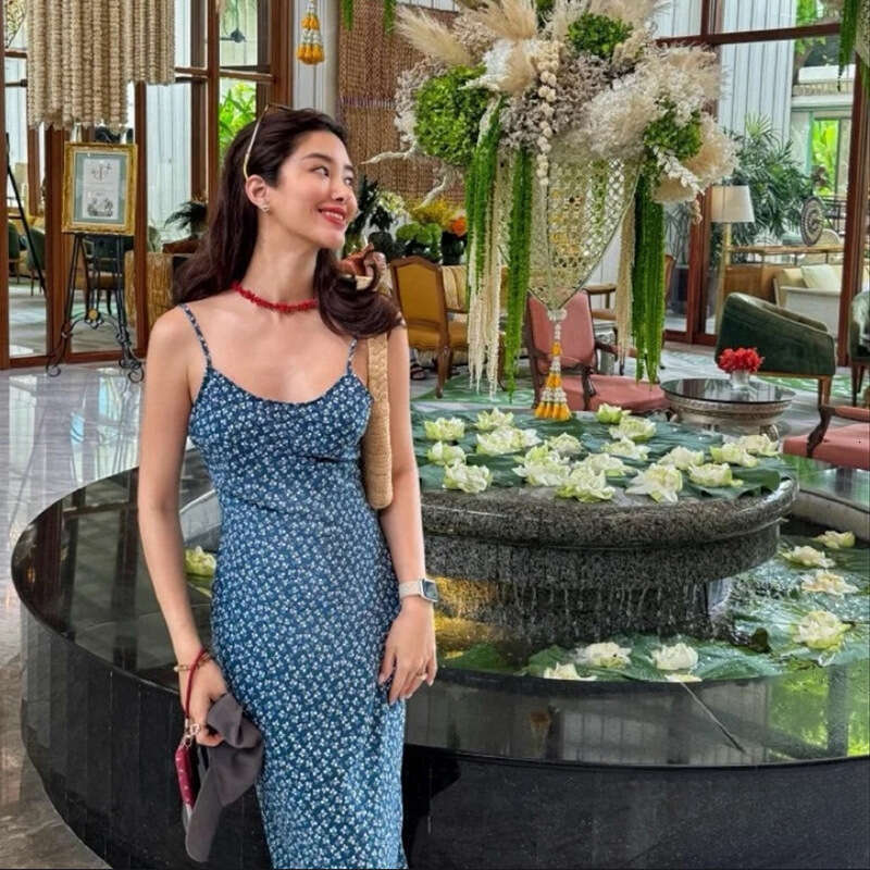 Summer Dress Dresses for Woman Elegant for A Wedding 960 New 2025 Silk Blue Floral Low-cut Mid-length Slim Fit Backless Dress French Vacation Style