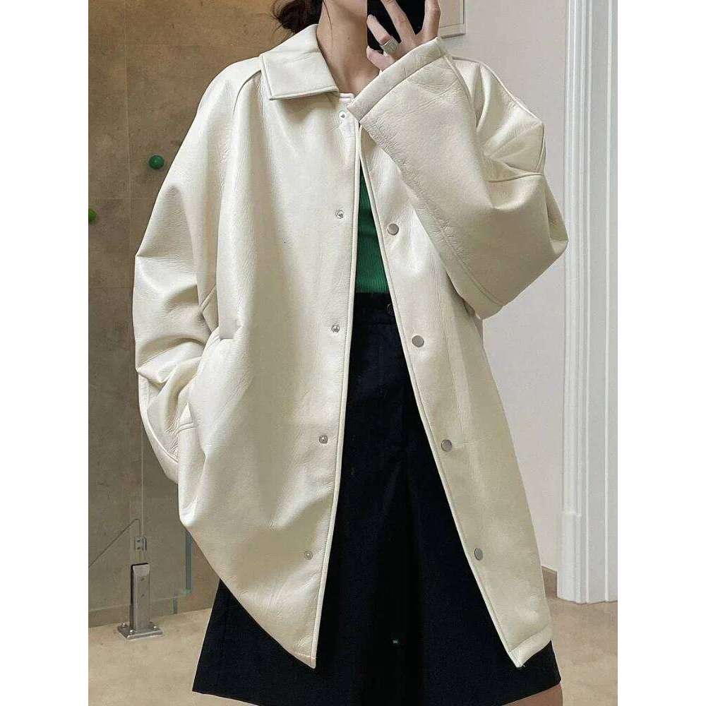 White PU Trench Coat for Women Spring Autumn 2025 Trend Simple Loose Casual Windbreaker Leather Jacket