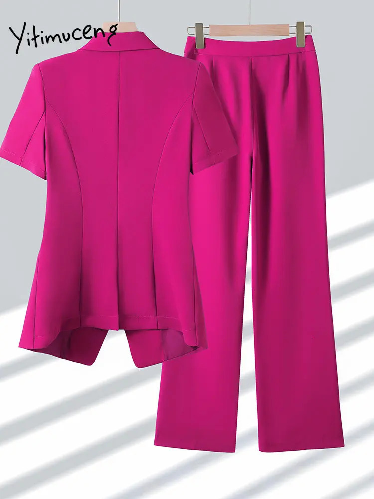Yitimuceng Women Suits Office Sets Fashion Short Sleeves Turn Down Collar Blazer Chic Solid Pants 2 Piece 250612
