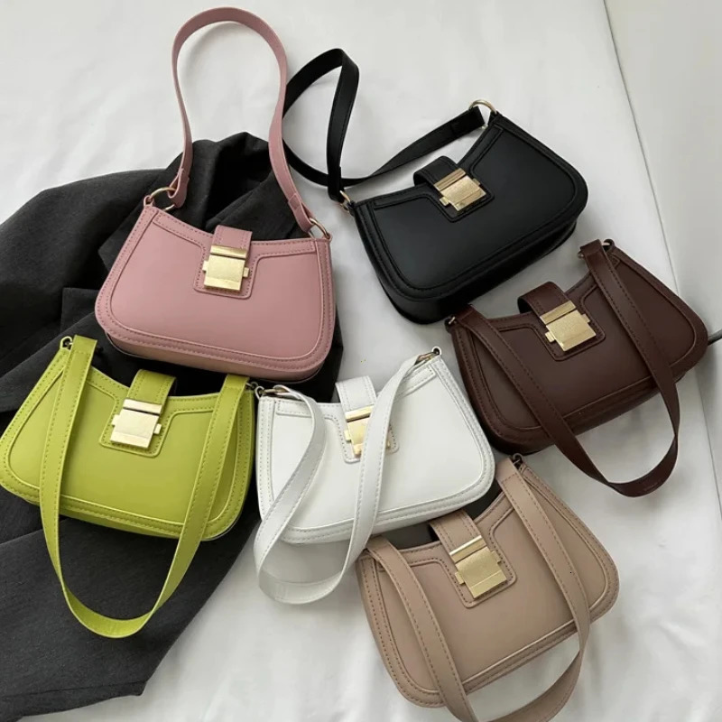 Women Vintage Handbag Brown PU Leather Gold Buckle Trendy Underarm Shoulder Bag Solid Color Handbag Women Simple Tote Bag 250614