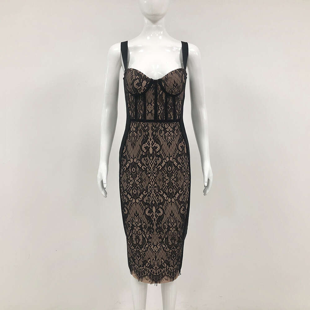 Autumn Winter New Fashion Low-Cut Sexy Lace Strap Bandage Tight-Fitting French Style Bodycon Long Dress