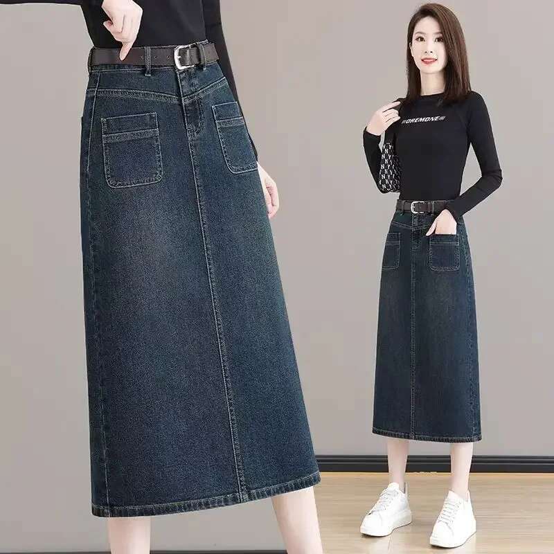 Vintage With Pocket Midi Jeans Skirts for Women Premium Clothing Sales Harajuku Streetwear Chic and Elegant Woman Denim Skirt
