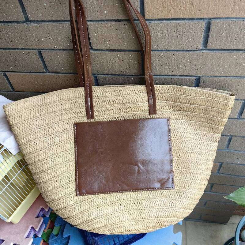 Meet You Large Capacity Zipper Leather Splice Straw Designer Summer Women's Travel Vacation Beach Bag Bohemian Bali