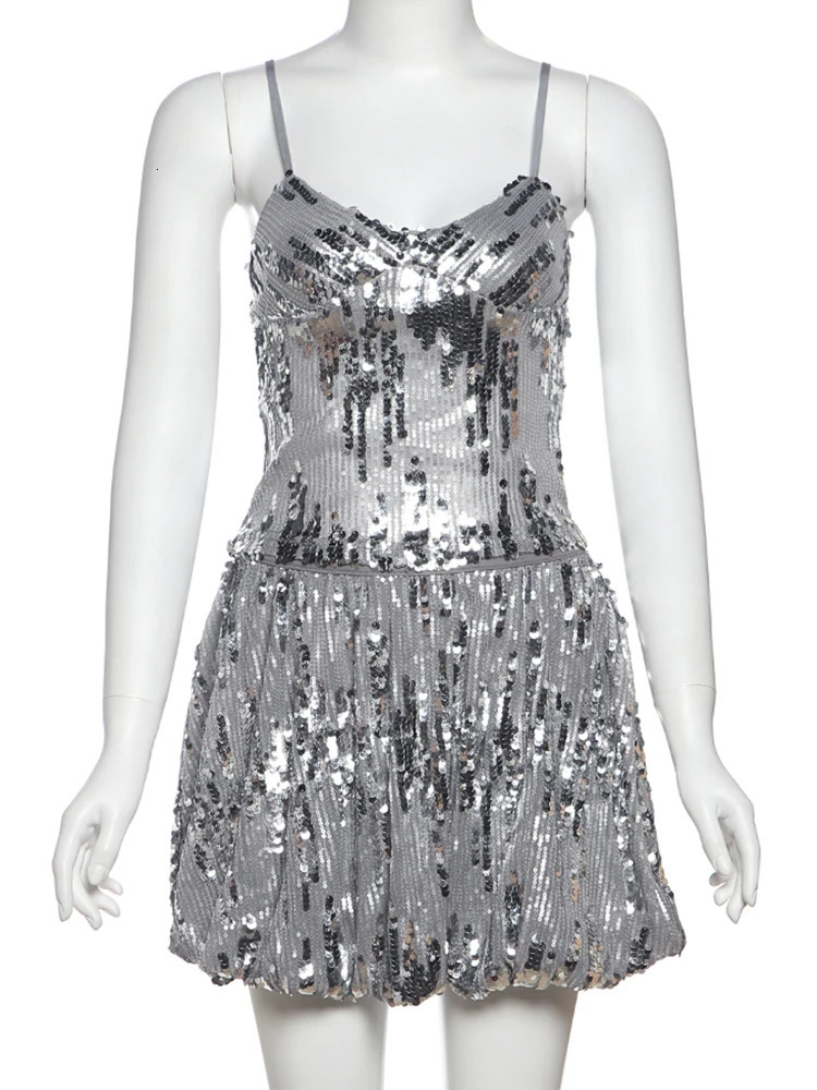 Weird Puss Sequins Glitter Women 2 Piece Set Thin Y2K Summer Fashion CamisolePuffy Skirt Vacation Party Matching Clubwear 250617