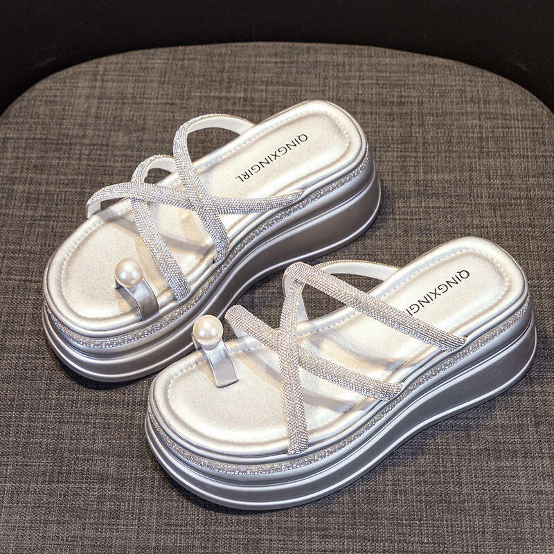2025 New Summer Thick-Soled Outdoor Slippers For Women With Rhinestone Cross New Straps, Platform Fairy Style Beach Sandals