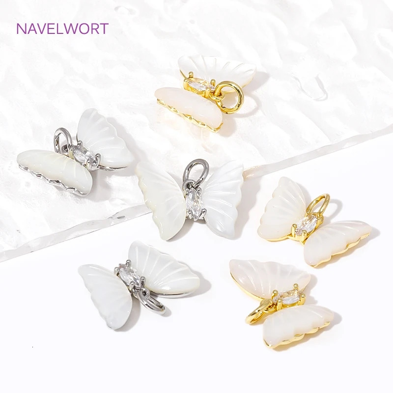 18K Gold Plated Natural Shell Butterfly Pendant Brass With Zircon Pendant Charms For DIY Necklace Jewelry Making Supplies 250609