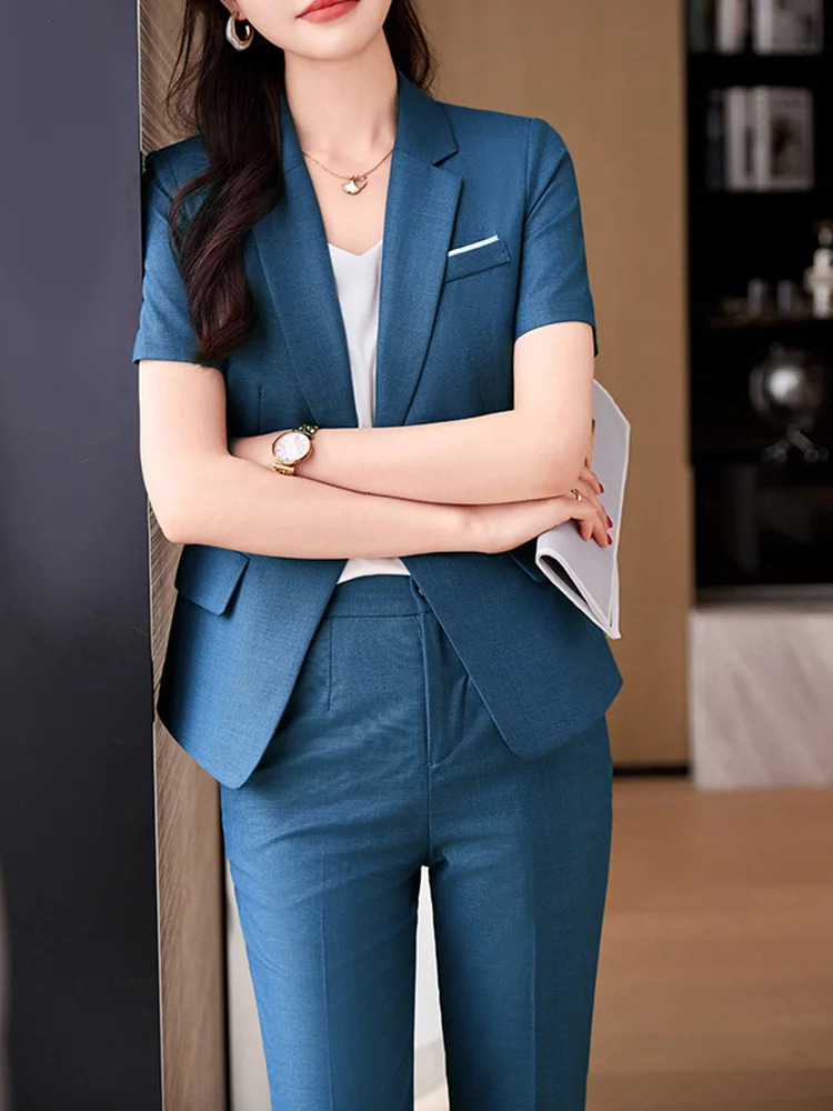 Yitimuceng Elegant Blazer Women Office Fashion Short Sleeve Suits Single Button Turn Down Collar All Seasons Pant 250612